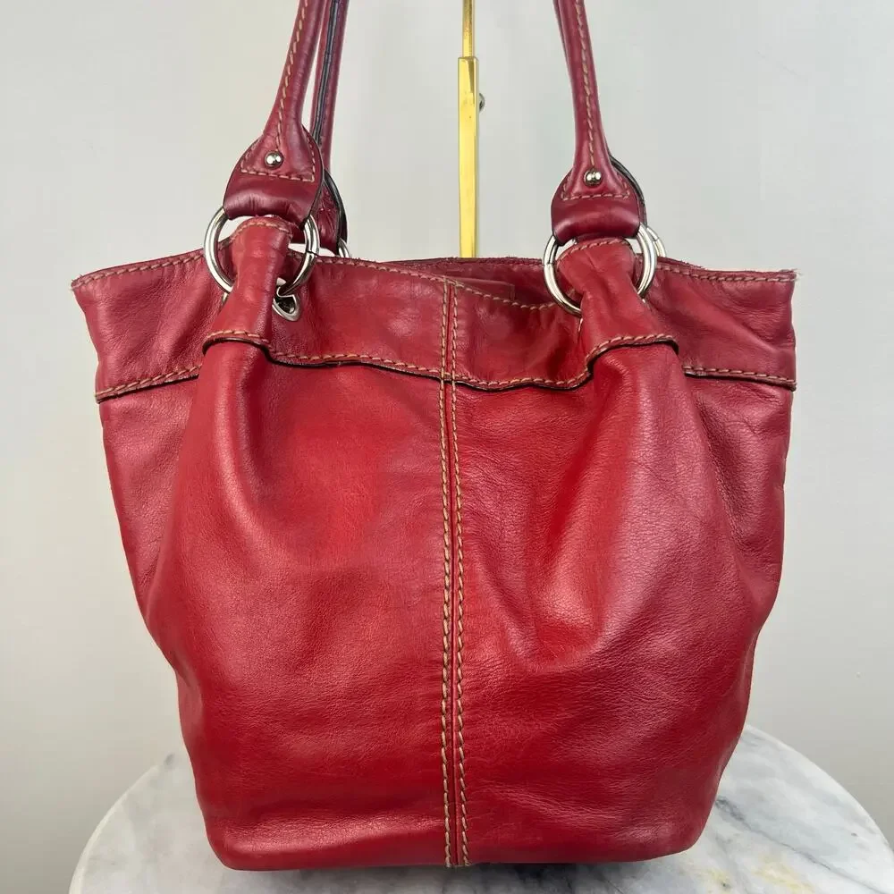 Vintage Tignanello Genuine Red Leather Stitched Silver Accents Shoulder Purse
